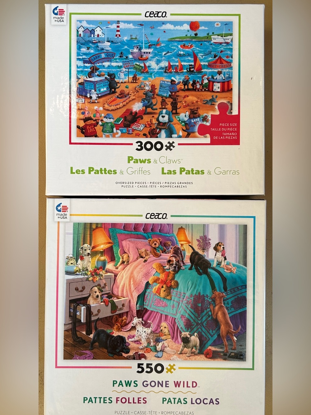 SET OF CEACO PUZZLES•Paws & Claws 300pc Cats At The Beach/Naughty Puppies 550pc